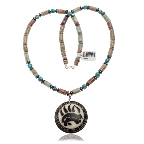 Bear and Bear Paw .925 Sterling Silver Certified Authentic Navajo Native American Natural Turquoise and Jasper Necklace 25523