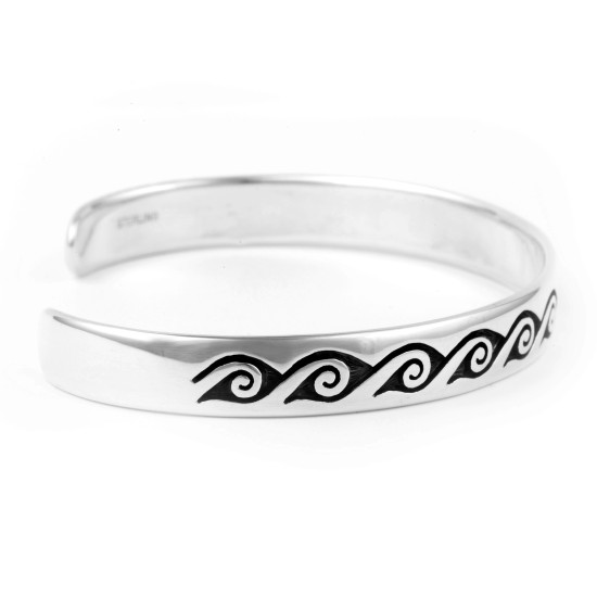 Waves Water, Prayers Feather .925 Sterling Silver Certified Authentic Handmade Traditional Hopi Native American Cuff Bracelet 13219