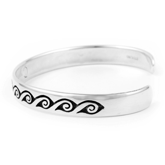 Waves Water, Prayers Feather .925 Sterling Silver Certified Authentic Handmade Traditional Hopi Native American Cuff Bracelet 13219