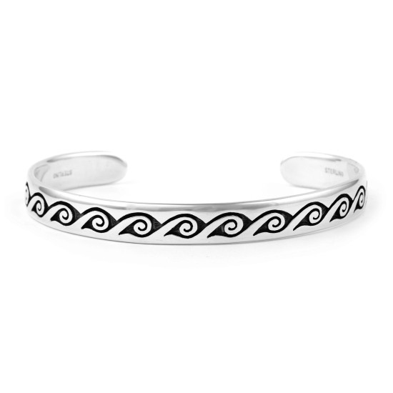 Waves Water, Prayers Feather .925 Sterling Silver Certified Authentic Handmade Traditional Hopi Native American Cuff Bracelet 13219
