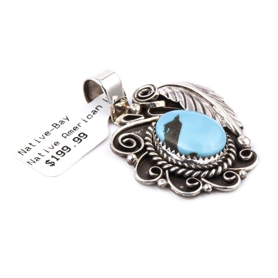 Flower and Leaf .925 Sterling Silver Certified Authentic Handmade Navajo Native American Natural Turquoise Pendant  1503
