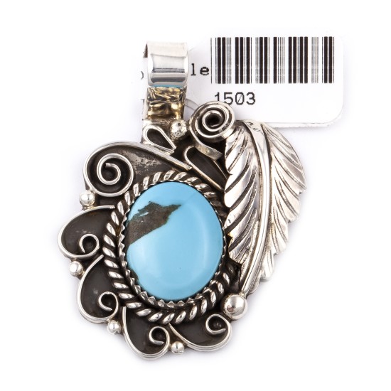 Flower and Leaf .925 Sterling Silver Certified Authentic Handmade Navajo Native American Natural Turquoise Pendant  1503