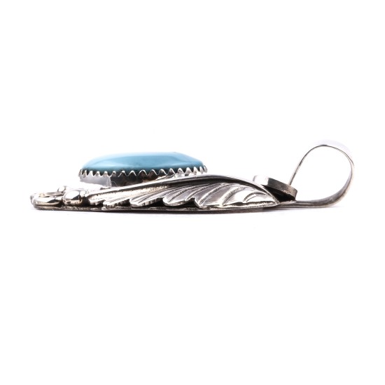 Flower and Leaf .925 Sterling Silver Certified Authentic Handmade Navajo Native American Natural Turquoise Pendant  1503