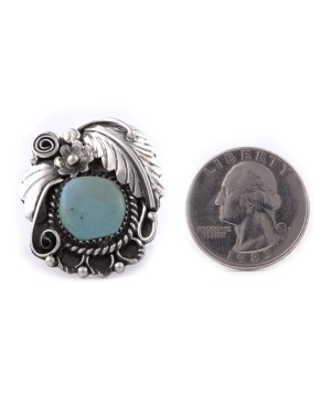 Flower and Leaf .925 Sterling Silver Certified Authentic Handmade Navajo Native American Natural Turquoise Ring  13224