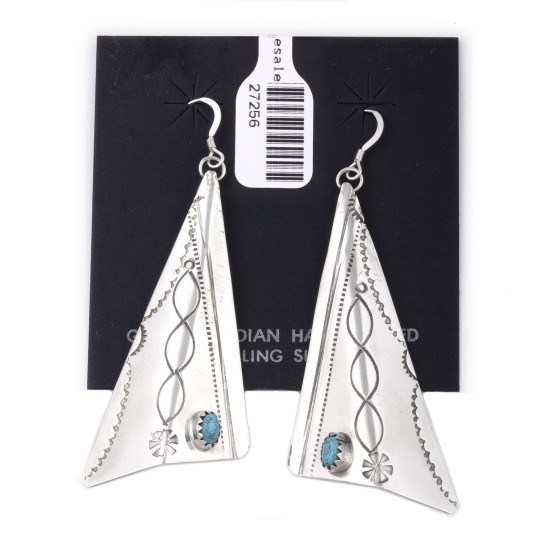 Sun .925 Sterling Silver Certified Authentic Handmade Navajo Native American Natural Turquoise Large Dangle Earrings 27256
