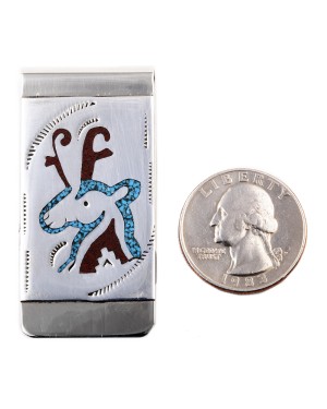 Deer .925 Sterling Silver Ray Begay Certified Authentic Handmade Navajo Native American Natural Turquoise Coral Money Clip 11253-12