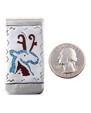 Deer .925 Sterling Silver Ray Begay Certified Authentic Handmade Navajo Native American Natural Turquoise Coral Money Clip 11253-5