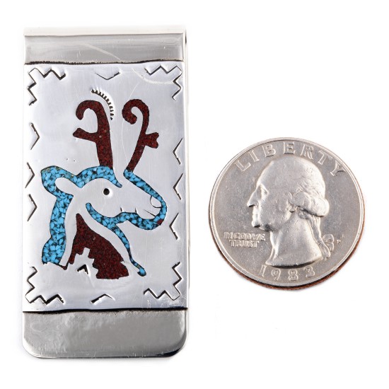 Deer .925 Sterling Silver Ray Begay Certified Authentic Handmade Navajo Native American Natural Turquoise Coral Money Clip 11253-5