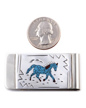 Horse .925 Sterling Silver Ray Begay Certified Authentic Handmade Navajo Native American Natural Turquoise Coral Money Clip 11253-11
