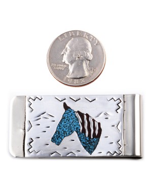 Horse Head .925 Sterling Silver Ray Begay Certified Authentic Handmade Navajo Native American Natural Turquoise Coral Money Clip 11253-10
