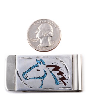 Horse Head .925 Sterling Silver Ray Begay Certified Authentic Handmade Navajo Native American Natural Turquoise Coral Money Clip 11253-3