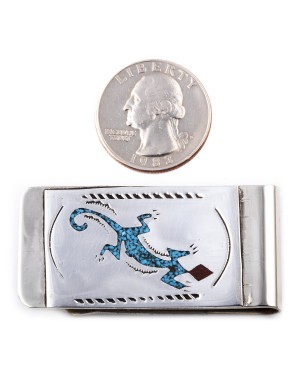 Lizard .925 Sterling Silver Ray Begay Certified Authentic Handmade Navajo Native American Natural Turquoise Coral Money Clip 11253-7
