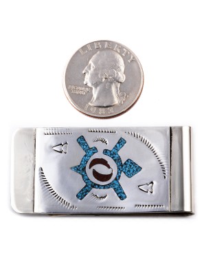 Turtle .925 Sterling Silver Ray Begay Certified Authentic Handmade Navajo Native American Natural Turquoise Coral Money Clip 11253-4