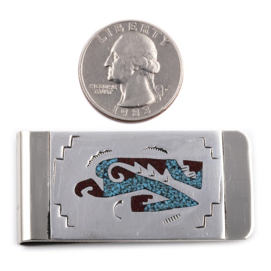 Eagle .925 Sterling Silver Certified Authentic Handmade Navajo Native American Natural Turquoise Coral Chip Inlay Money Clip 11253-16