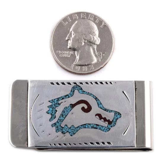 Wolf Head .925 Sterling Silver Handmade Navajo Native American Natural Turquoise Coral Money Clip 11253-14 Wolf Head .925 Sterling Silver Handmade Navajo Native American Natural Turquoise Coral Money Clip 11253-14