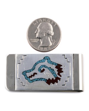 Wolf Head .925 Sterling Silver Certified Authentic Handmade Navajo Native American Natural Turquoise Coral Money Clip 11253-15