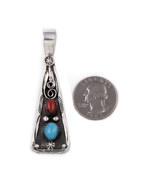 Sun Flower .925 Starling Silver Certified Authentic Handmade Navajo Native American Natural Turquoise Coral Pendent  18330