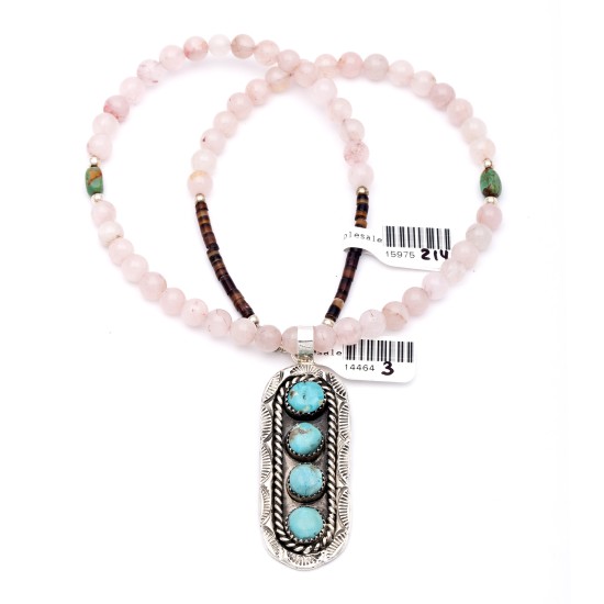 Sun .925 Sterling Silver Certified Authentic Handmade Navajo Native American Natural Turquoise And Rose Quartz Necklace And Pendant   370929328033