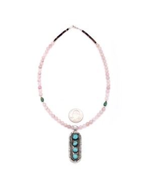Sun .925 Sterling Silver Certified Authentic Handmade Navajo Native American Natural Turquoise And Rose Quartz Necklace And Pendant   370929328033
