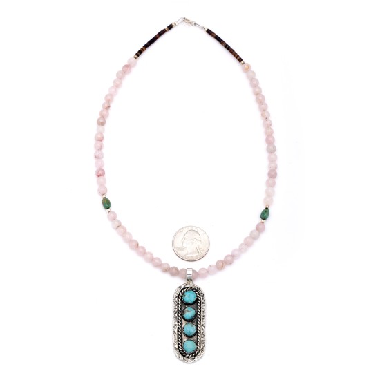 Sun .925 Sterling Silver Certified Authentic Handmade Navajo Native American Natural Turquoise And Rose Quartz Necklace And Pendant   370929328033