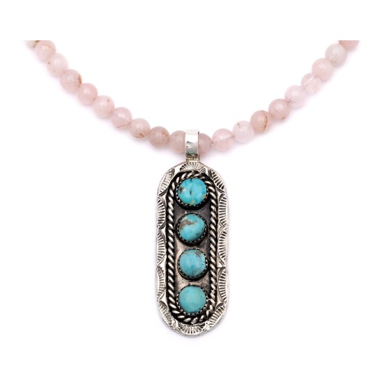 Sun .925 Sterling Silver Certified Authentic Handmade Navajo Native American Natural Turquoise And Rose Quartz Necklace And Pendant   370929328033