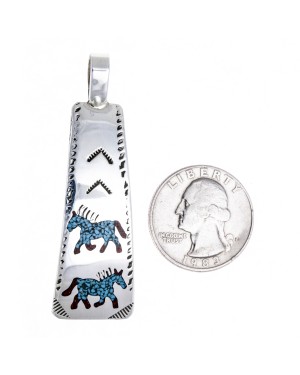 Horse .925 Starling Silver Certified Authentic Handmade Navajo Native American Natural Turquoise Coral Pendent  24541-2