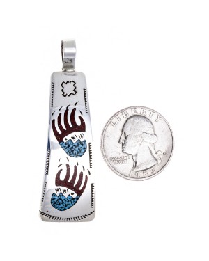Bear Paw .925 Starling Silver Certified Authentic Handmade Navajo Native American Natural Turquoise Coral Pendent  24541-4