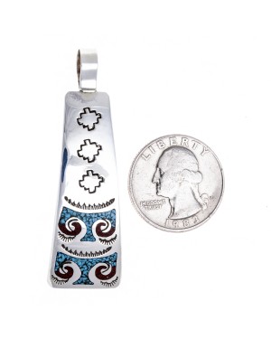 Thunderbird .925 Starling Silver Certified Authentic Handmade Navajo Native American Natural Turquoise Coral Pendent  24541-5