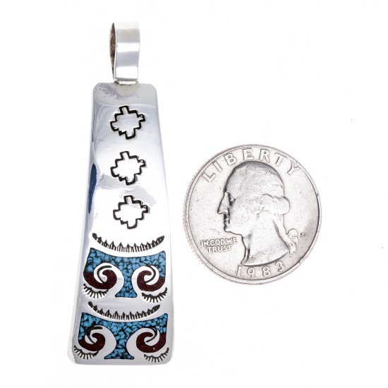 Thunderbird .925 Starling Silver Certified Authentic Handmade Navajo Native American Natural Turquoise Coral Pendent  24541-5