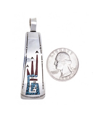 Water Feather .925 Starling Silver Certified Authentic Handmade Navajo Native American Natural Turquoise Coral Pendent  24541-6