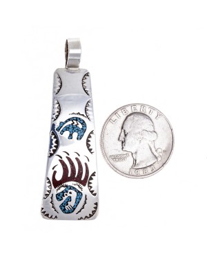 Bear Paw .925 Starling Silver Certified Authentic Handmade Navajo Native American Natural Turquoise Coral Pendent  24541