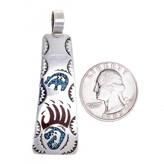 Bear Paw .925 Starling Silver Certified Authentic Handmade Navajo Native American Natural Turquoise Coral Pendent  24541