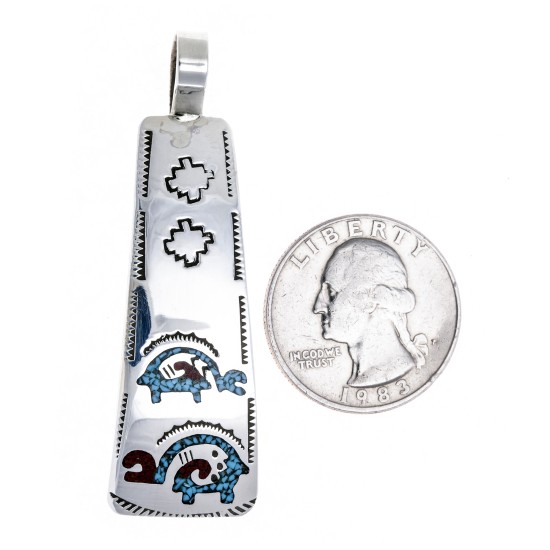 Ram .925 Starling Silver Certified Authentic Handmade Navajo Native American Natural Turquoise Coral Pendent  24541-9