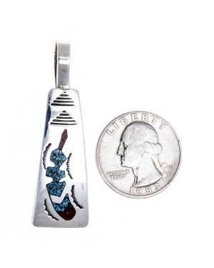 Feather .925 Starling Silver Certified Authentic Handmade Navajo Native American Natural Turquoise Coral Pendent  24313-2