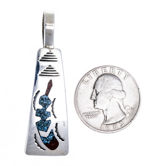 Feather .925 Starling Silver Certified Authentic Handmade Navajo Native American Natural Turquoise Coral Pendent  24313-2