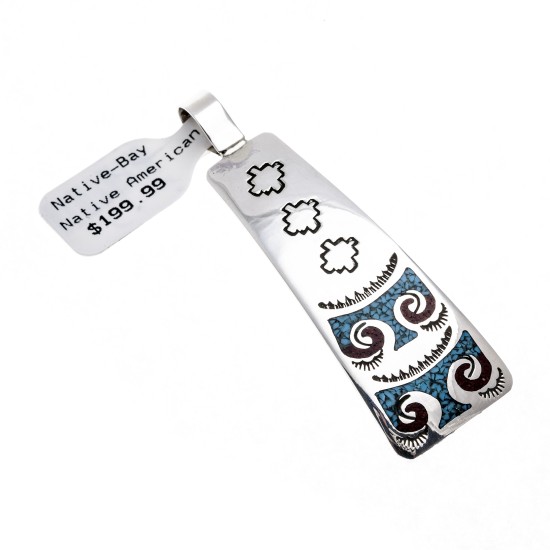 Thunderbird .925 Starling Silver Certified Authentic Handmade Navajo Native American Natural Turquoise Coral Pendent  24541-5