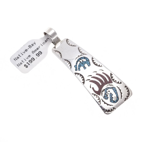 Bear Paw .925 Starling Silver Certified Authentic Handmade Navajo Native American Natural Turquoise Coral Pendent  24541