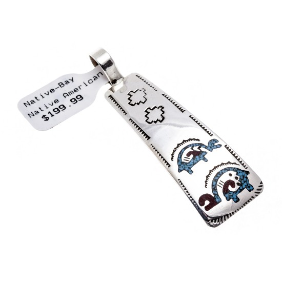 Ram .925 Starling Silver Certified Authentic Handmade Navajo Native American Natural Turquoise Coral Pendent  24541-9