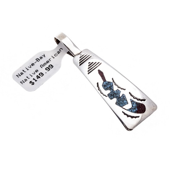 Feather .925 Starling Silver Certified Authentic Handmade Navajo Native American Natural Turquoise Coral Pendent  24313-2