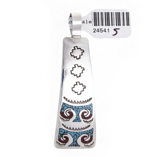 Thunderbird .925 Starling Silver Certified Authentic Handmade Navajo Native American Natural Turquoise Coral Pendent  24541-5