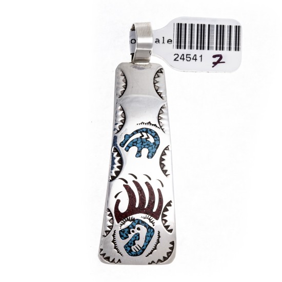 Bear Paw .925 Starling Silver Certified Authentic Handmade Navajo Native American Natural Turquoise Coral Pendent  24541