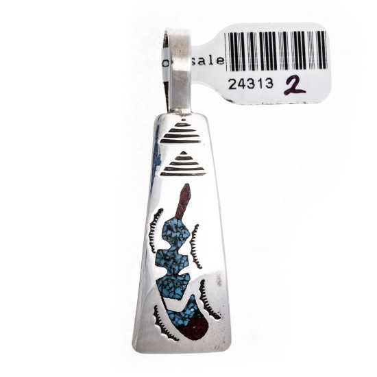 Feather .925 Starling Silver Certified Authentic Handmade Navajo Native American Natural Turquoise Coral Pendent  24313-2