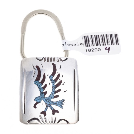Eagle .925 Sterling Silver Certified Authentic Handmade Navajo Native American Natural Turquoise Coral Keychain 10290-4