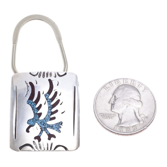 Eagle .925 Sterling Silver Certified Authentic Handmade Navajo Native American Natural Turquoise Coral Keychain 10290-4
