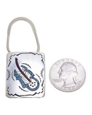 Feather .925 Sterling Silver Certified Authentic Handmade Navajo Native American Natural Turquoise Coral Keychain 10290-5