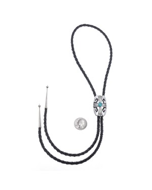 Feather Sun .923 Sterling Silver Certified Authentic Handmade Navajo Native American Natural Turquoise Bolo Tie 24535