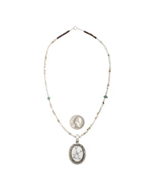 Sun Oval .925 Sterling Silver Certified Authentic Handmade Navajo Native American White Howlite Necklace 12922-2-25289