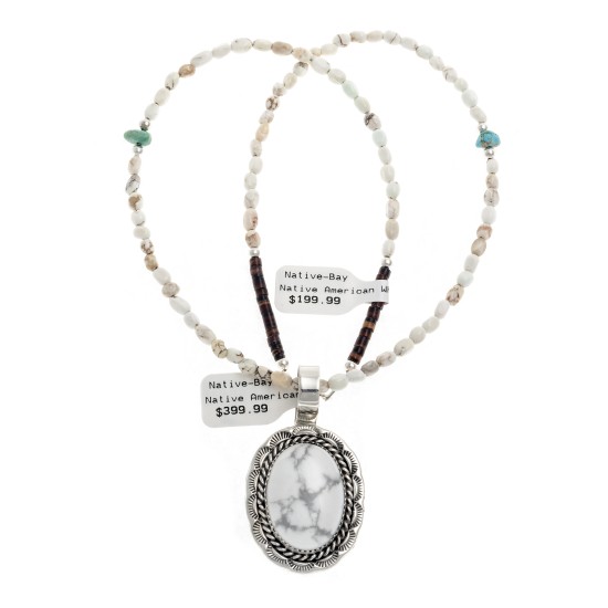 Sun Oval .925 Sterling Silver Certified Authentic Handmade Navajo Native American White Howlite Necklace 12922-2-25289