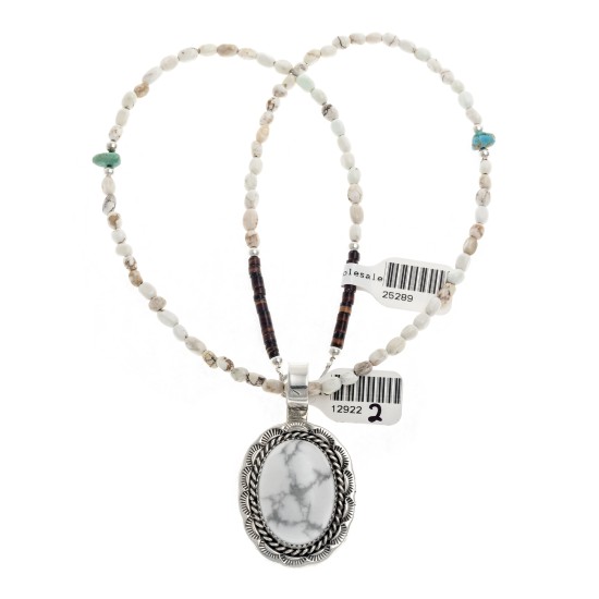 Sun Oval .925 Sterling Silver Certified Authentic Handmade Navajo Native American White Howlite Necklace 12922-2-25289