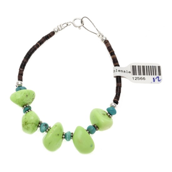.925 Sterling Silver Certified Authentic Navajo Native American Natural Turquoise Gaspeite Link Bracelet 370991361925